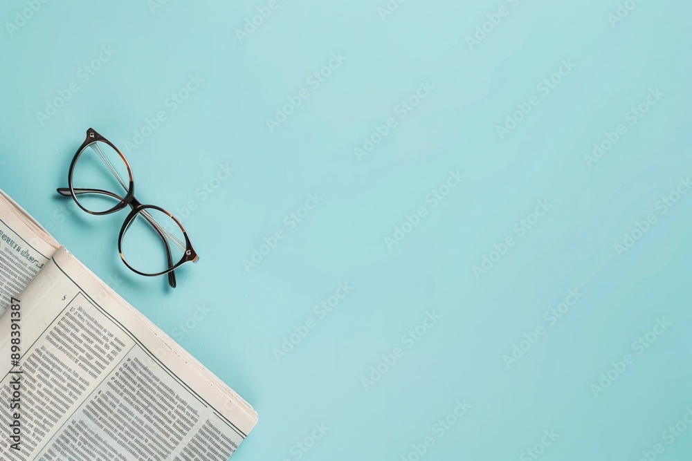 Poster a newspaper lies open on a light blue surface with a pair of glasses resting on the page. generative