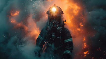 Fototapeta premium Firefighter in helmet with flashlight against background of fire, smoke and flames.