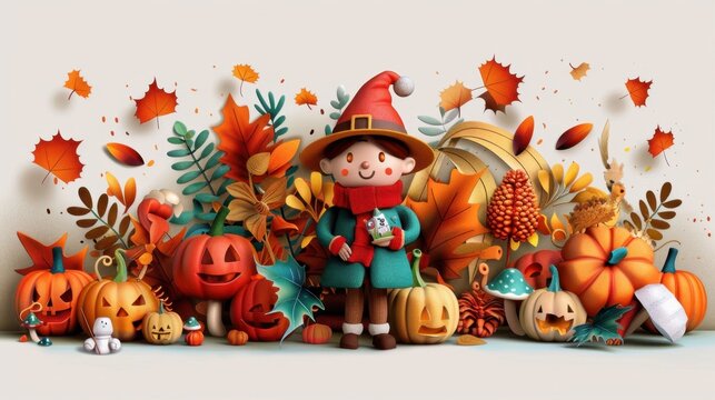 Adorable scarecrows and pumpkins, autumn Halloween, flat design illustration