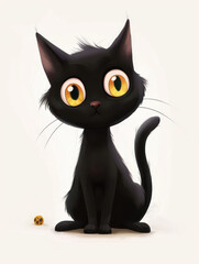 Cute Black Cartoon Cat with Bright Yellow Eyes