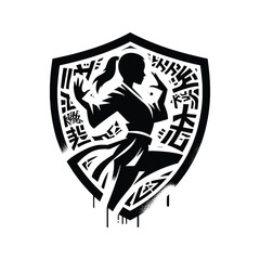 Fototapeta premium kungfu, Tai Chi female player in graffiti tags, street art pattern illustration, emblem shield badge