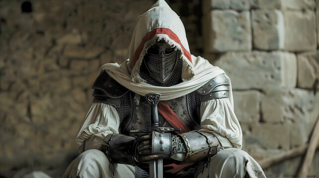 Middle age warrior knight strong soldier of Christ and God in armor
Crusader with armor and sword