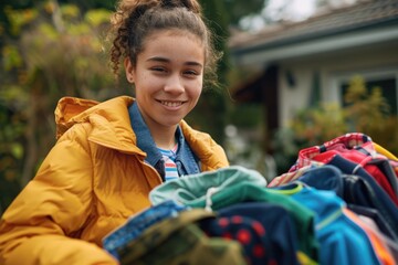 A young woman with a big smile, organizing clothes in an outdoor setting.