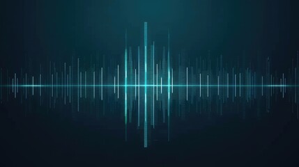 A digital visualization of sound waves, depicted as a series of abstract peaks and valleys, with glowing lines and a reflective surface