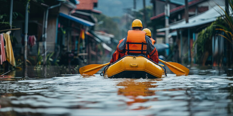 Two people in a rescue boat navigate through the flooded streets of a city