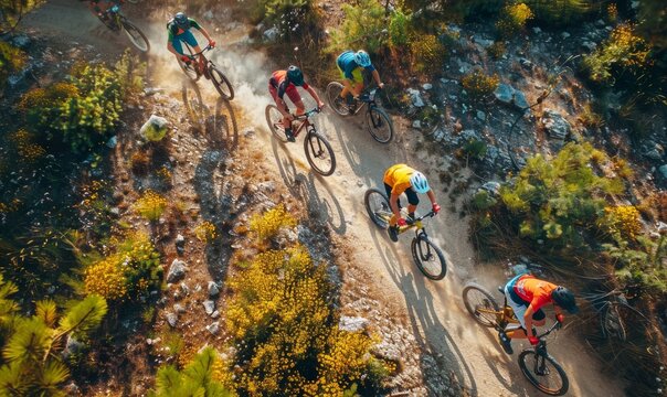 aerial view with beautiful view, group of teens in a funny race on mountain bikes - Powered by Adobe