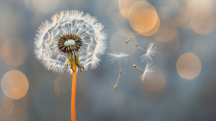 Fototapeta premium Close-up of a dandelion with seeds blowing away in the wind, set against a soft, bokeh background in warm light