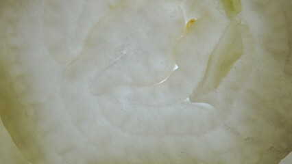 Macro shot of fresh juicy white onion slices against skylight, showing flesh and circles with watery structure texture of vegetable visible under light.