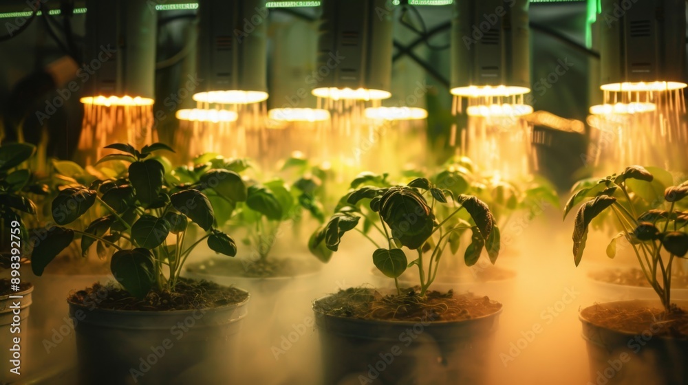 Poster close-up of plants growing under artificial lights in a controlled environment.