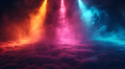 3D graphic resources where multicolored rays of light penetrate thick fog on a black background