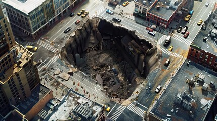 A large pit in the asphalt due to a pipeline accident. A hole in the ground in the middle of the road. Asphalt that has collapsed underground. AI generated illustration
