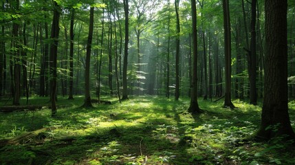 A serene forest with fresh air and sunlight filtering through