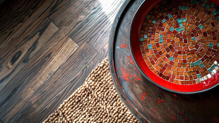 Colorful mosaic bowl on wooden floor and woven rug.