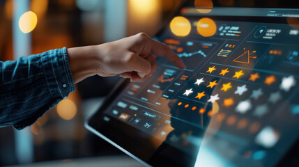 Close-up of a hand interacting with a futuristic touchscreen displaying data visualizations such as graphs, charts, and star ratings.