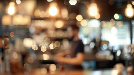 Blurred bar interior with barista and brown glasses