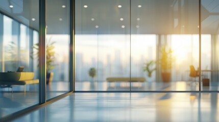 Blurred background of modern office with panoramic windows and lighting
