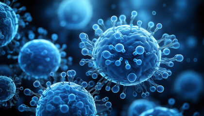 Glowing blue cells floating in dark. Medical research. For scientific and educational purposes.