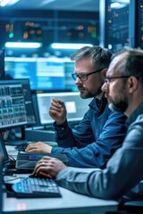 Two men in a server room, deeply analyzing data on computer screens. IT support, technological innovation and data analysis environment.