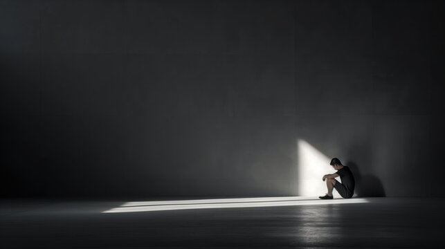 Person sitting alone on the floor in a dark room with a beam of light highlighting them, creating a somber and reflective atmosphere.