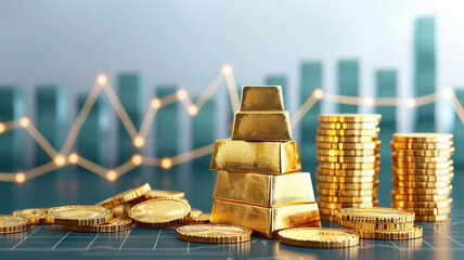 Gold bullion, rising market value, flat design illustration