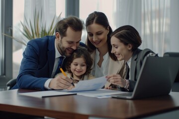 A family-owned business team, including a young girl, working together in an office environment. A diverse group reviewing documents and engaging in collaborative work.