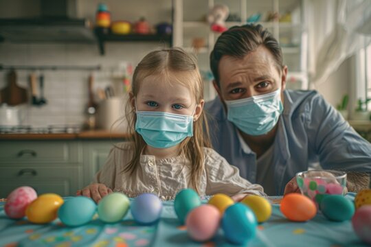 Man and young girl wearing face masks, gathering Easter eggs. - Powered by Adobe