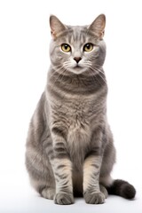 A cat sitting on white background looking at the camera.