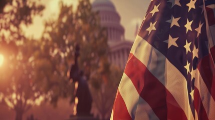 Sunset silhouette of the us capitol building with the american flag waving in the foreground