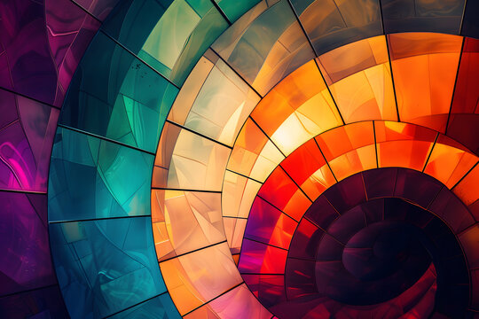 This digital artwork features a colorful spiral design in vibrant hues of orange, yellow, red, and blue, inspired by abstract stained glass. Perfect for creative backgrounds - Powered by Adobe