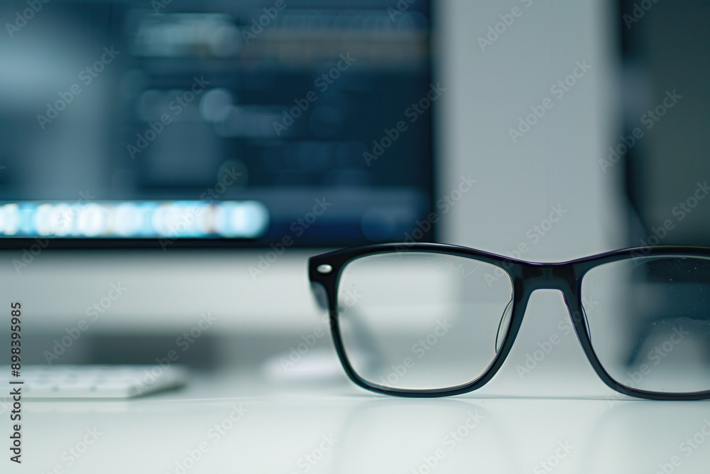 Leinwandbilder black eyeglasses rest on a white desk in front of a computer monitor with a blurred screen. generati