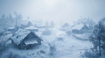 Houses into the early morning fog with sunrise on a cold snowy winter. AI generated illustration