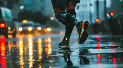 Runner with Prosthetic Leg in Rainy Night City