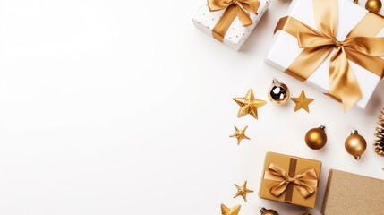 Christmas and New Year background. Gift boxes, golden balls and confetti on white background. Flat lay, top view, copy space.