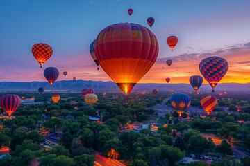 Fototapeta premium Vivid hues of hot air balloons punctuate the dawn sky at the Albuquerque International Balloon Fiesta creating a breathtaking spectacle against a gradient background
