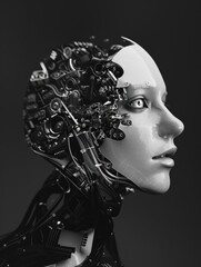 A modern cyborg portrait with mechanical and electronic parts, reflecting a blend of technology and humanity.