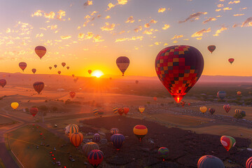 Naklejka premium Vivid hues of hot air balloons punctuate the dawn sky at the Albuquerque International Balloon Fiesta creating a breathtaking spectacle against a gradient background
