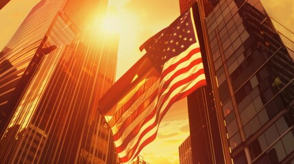 The american flag proudly waves amidst new york city's skyscrapers during a stunning sunset