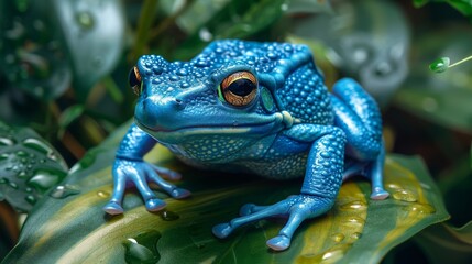 Fototapeta premium Blue poison dart frog sits on a green leaf with water droplets. Showcasing its vibrant colors and intricate details. Explore the beauty and danger of this exotic amphibian in the amazon rainforest