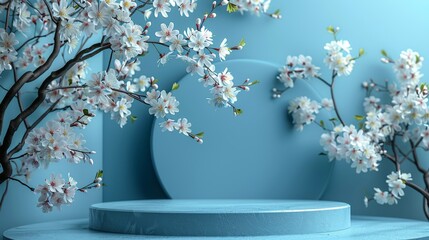 Elegant blue podium with a cherry blossom branch on a white background, perfect for product placement in cosmetics, beauty, or fashion ads