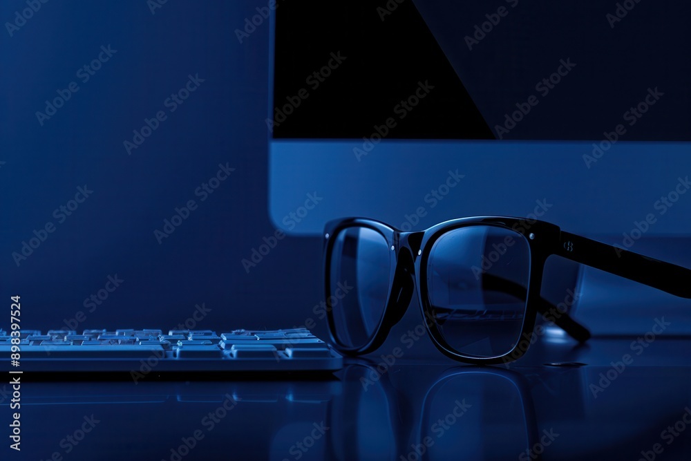 Poster Black framed glasses resting on a desk near a computer keyboard. The desk is illuminated by blue light from the computer screen, casting reflections on the surface. Generative AI
