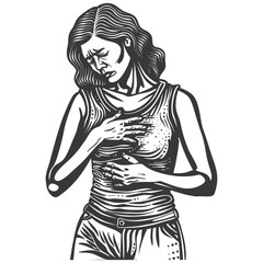 Fototapeta premium Woman Experiencing Chest Pain Black and White Illustration