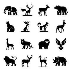A collection of animal silhouettes. including a giraffe. elephant and rhino
