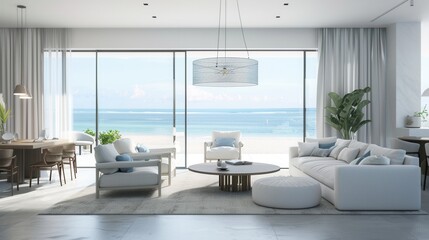 Fototapeta premium Interior view of vacation house with seascape scenic view