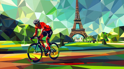 Low Poly Cyclist: A low poly art illustration of a cyclist with the Eiffel Tower in the background on a green background.


