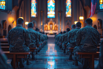 Members of the armed forces kneeling in prayer at a military base chapel during a ceremony on Memorial Day in America, reflective, spiritual.