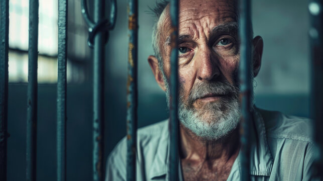 A middle-aged man sits behind bars in a prison cell. 