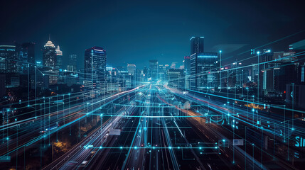 Smart City with Digital Network Overlay at Night