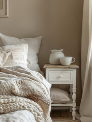 Cozy bedroom with bed, pillows, and side table with ceramics.