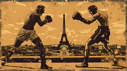 Obraz premium Vintage Poster Boxing: A vintage poster-style illustration of a boxing match with the Eiffel Tower in the background on a sepia-toned background.
