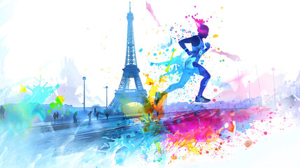 Watercolor Runner: A watercolor effect illustration of a runner with splashes of color and the Eiffel Tower in the background on a white background.


